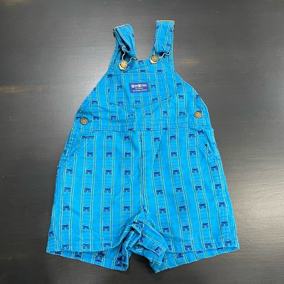 Rare Vintage OshKosh B’gosh Vestbak Wagon Print Blue Overall Shorts Sz 4T